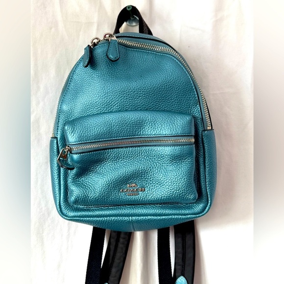 Auth COACH Mini Charlie Backpack in Pebble Leather Metallic Light Blue With COA - Picture 1 of 15